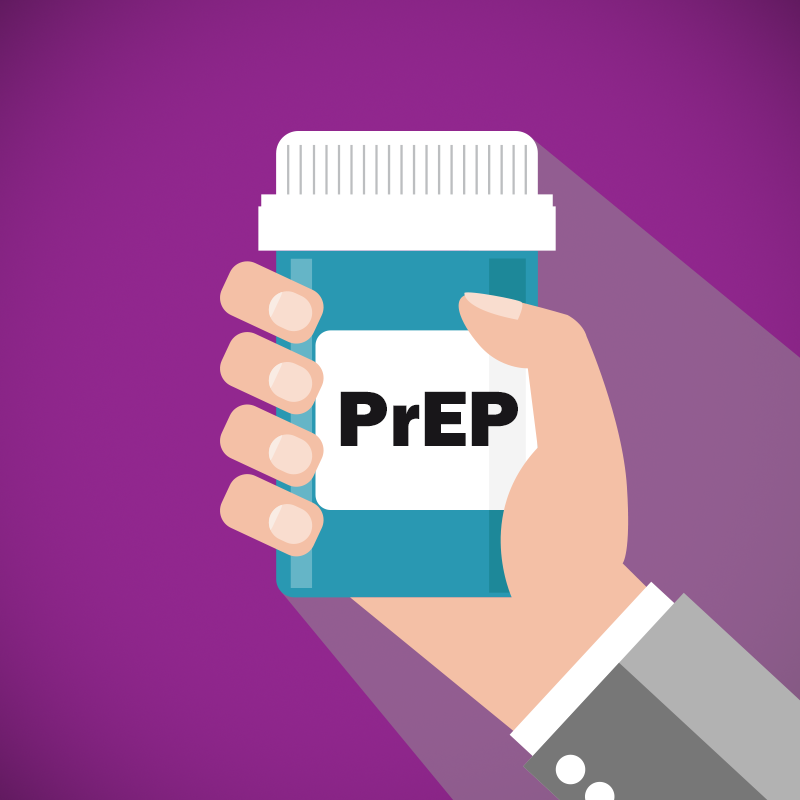 Illustration of hand holding a prescription bottle of PrEP