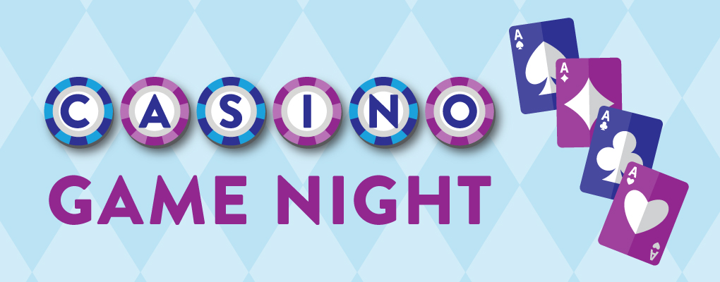 illustrated image of playing cards in blue and purple, and bingo dots that spell "Casino" with the words "game night" below.