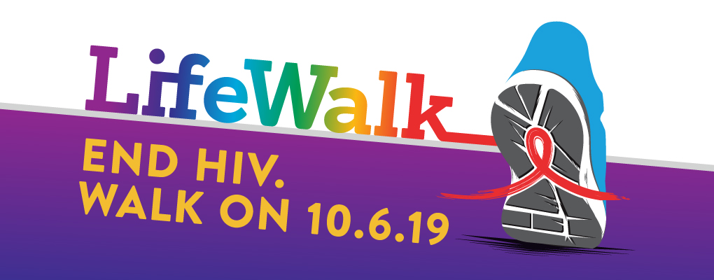 rectangle divided into two parts where the top is white and the bottom is a light purple to dark purple gradient. There is an illustrated tennis shoe with a red ribbon on the sole and the text of "LifeWalk End HIV. Walk on 10.6.2019"