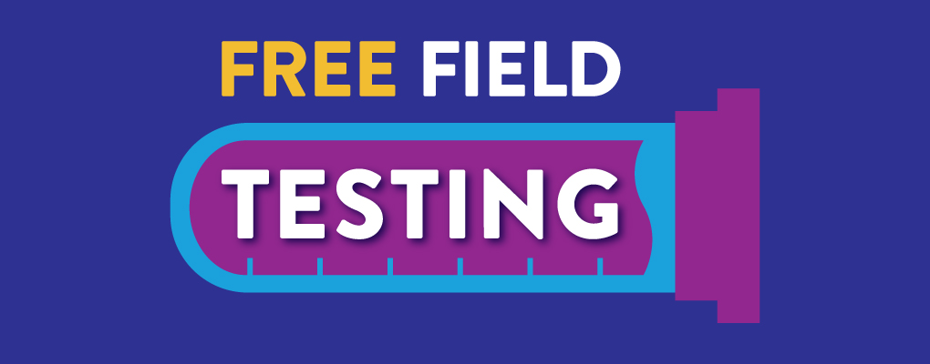 Text says "Free Field Testing" with the words "testing" over a test tube.