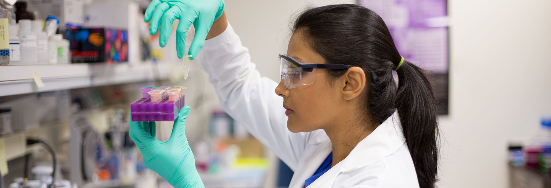 Woman researcher looking at test tube samples.