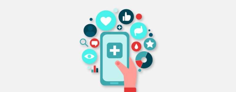 Illustration of hand with mobile phone and medical icons