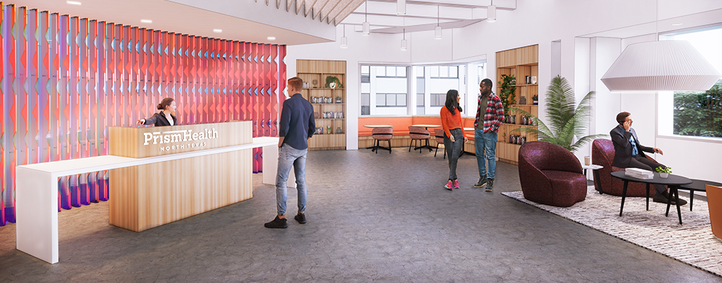 Digital Render of the Lobby of Prism Health North Texas Administration office on Junius Street