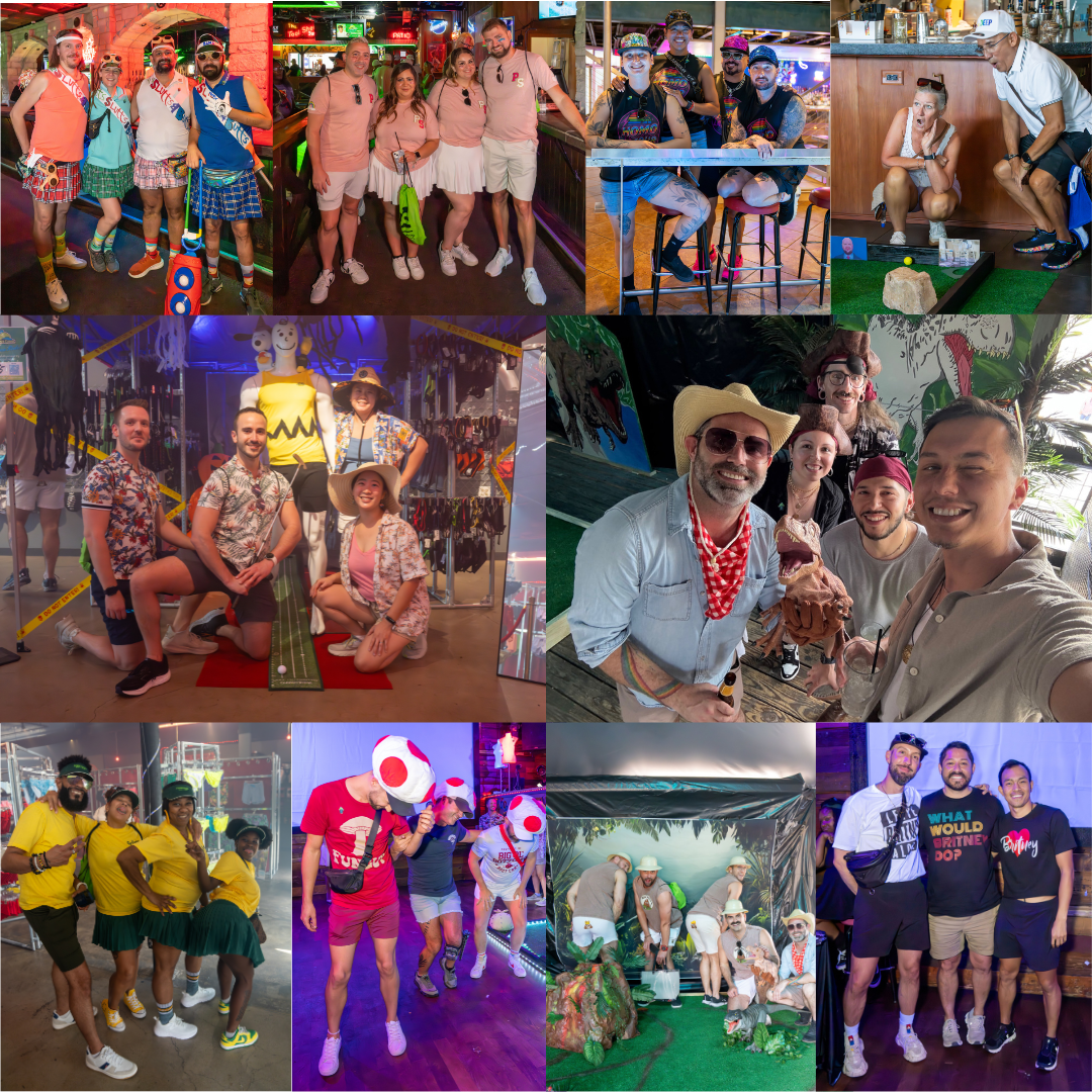 a collage of some of the best looks. The pictured teams, from top to bottom and left to right, are: Putts, Slutts, and Butts Putt Slutz (with a Z!) Homo La Flor Balls Deep Bunker Besties Putt Pirates Big Swingers Who is she?? We love a mushroom moment! Someone help us identify this Cinderella! Mudd Putts Team Britney