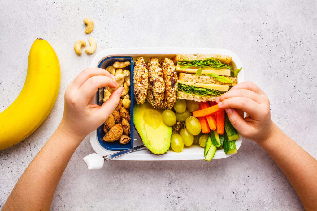 School healthy lunch box with sandwich, cookies, nuts, fruits and avocado on a white background - Healthy and Stress-Free: Lunchbox Ideas That Kids Actually Eat